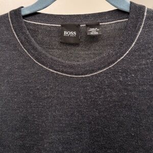 BOSS Men's Gray Wool blend Sweater with white accenting at collar and hem